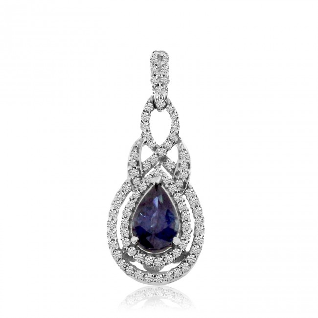 14K White Gold 7x5 mm Pear precious Sapphire and Diamond Precious Fashion Pendan