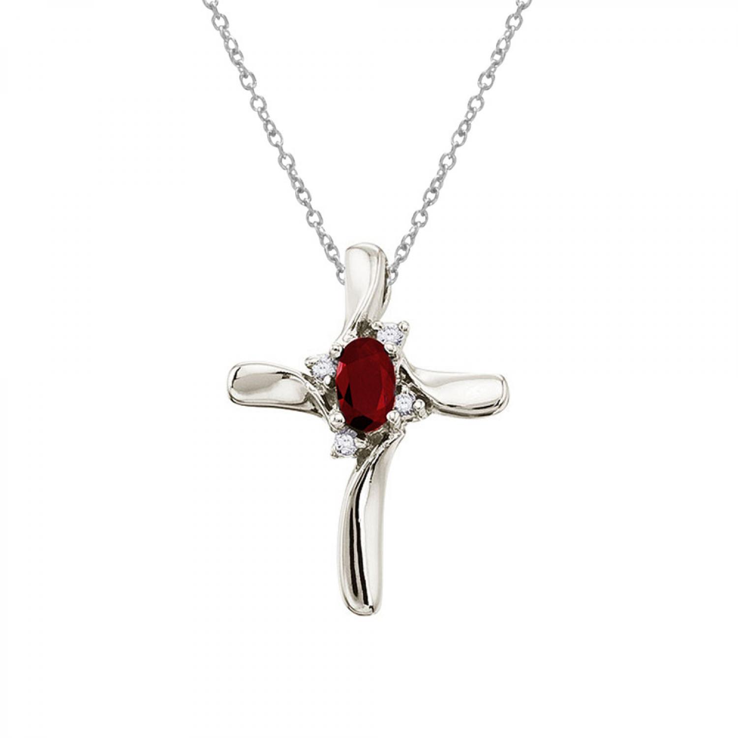 10K White Gold Oval Garnet and Diamond Birthstone Cross Pendant