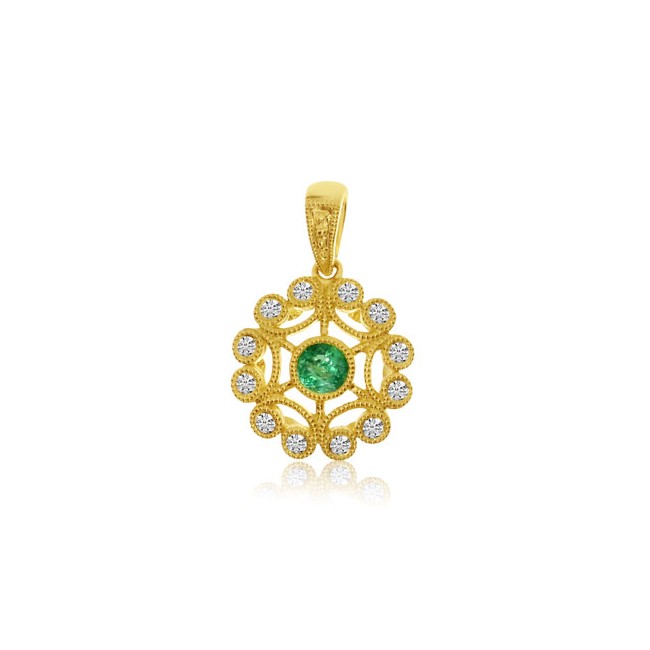 14K Yellow Gold 3.5 mm Precious Emerald and Diamond Round Filigree Pendant