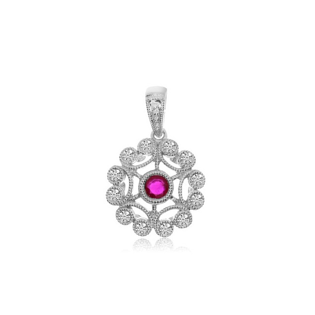 14K White Gold 3.5 mm Precious Ruby and Diamond Round Filigree Pendant