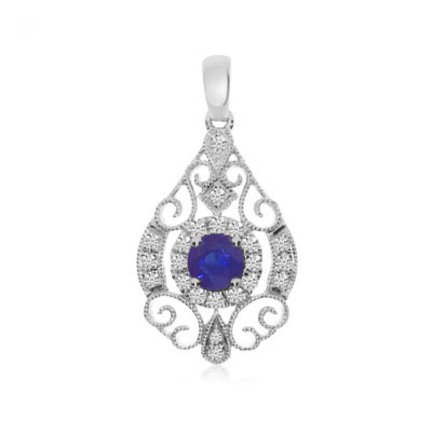 14K White Gold 3.25 mm Round Sapphire and Diamond Teardrop Fashion Pendant