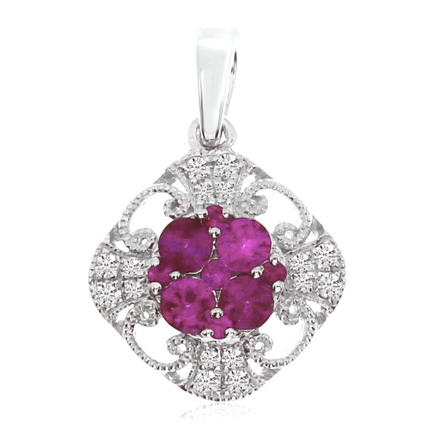 14K White Gold Round Ruby and Diamond Filigree Precious Pendant