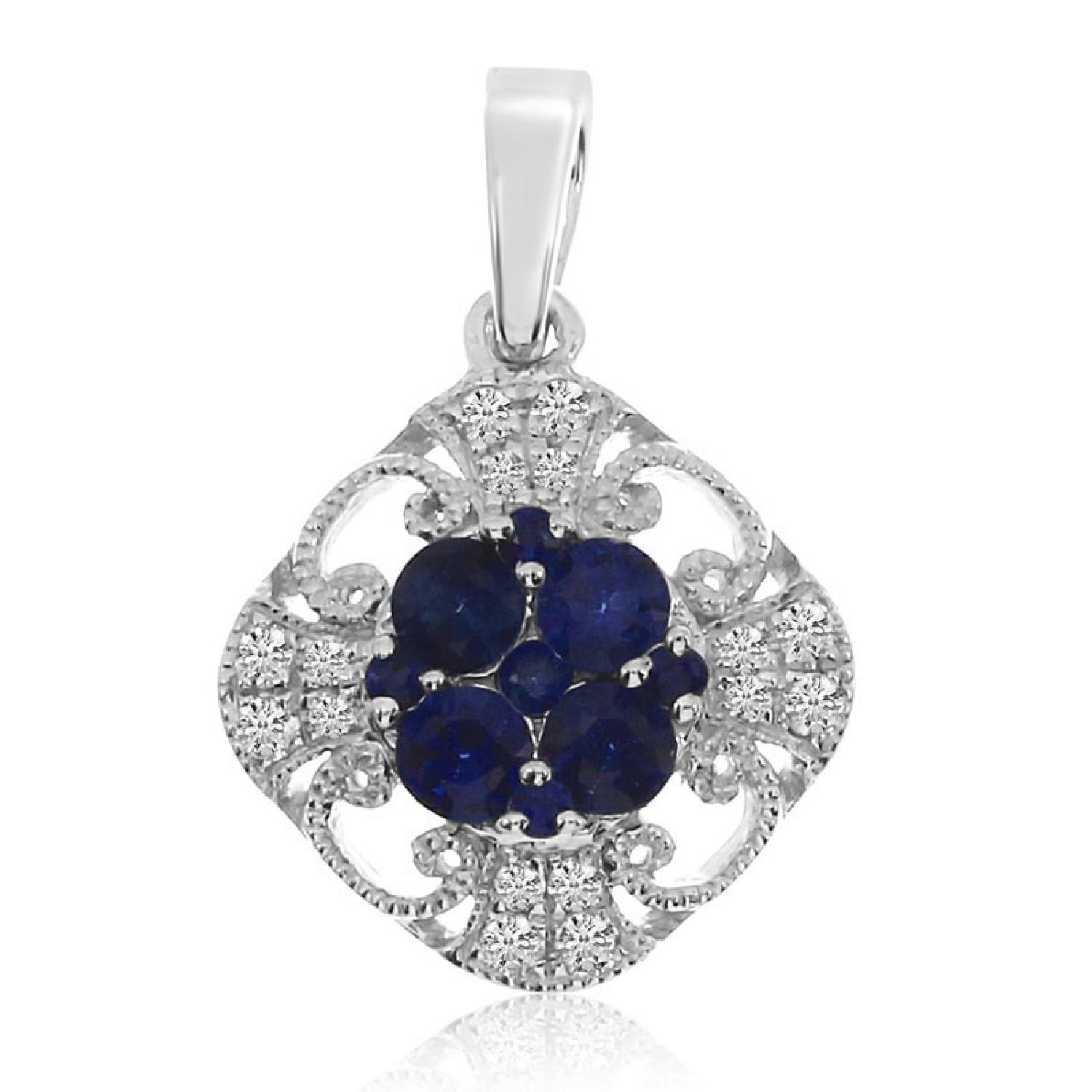 14K White Gold Round Sapphire and Diamond Filigree Precious Pendant