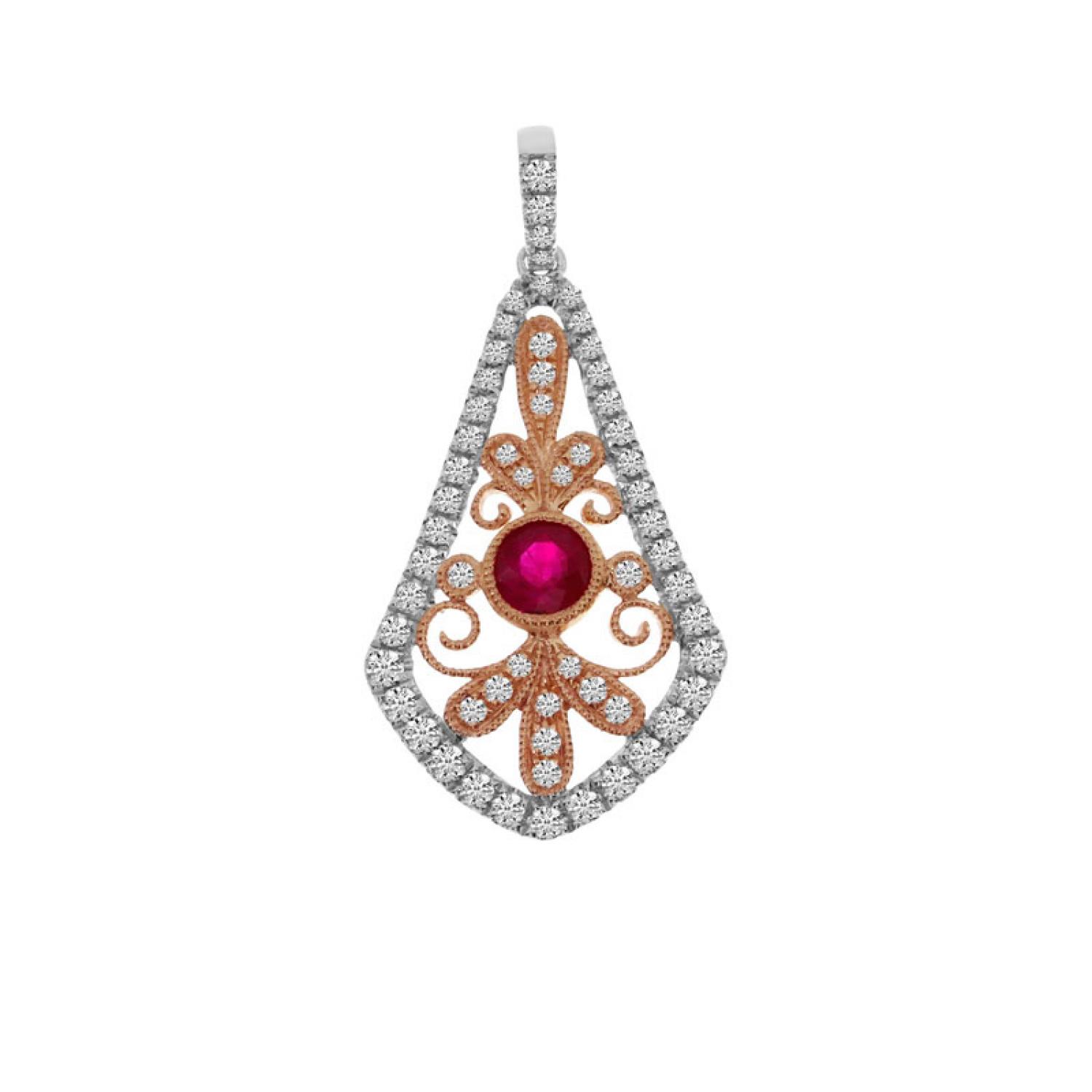 14K Two Tone Rose and White Gold Ruby and Diamond Filigree Pendant