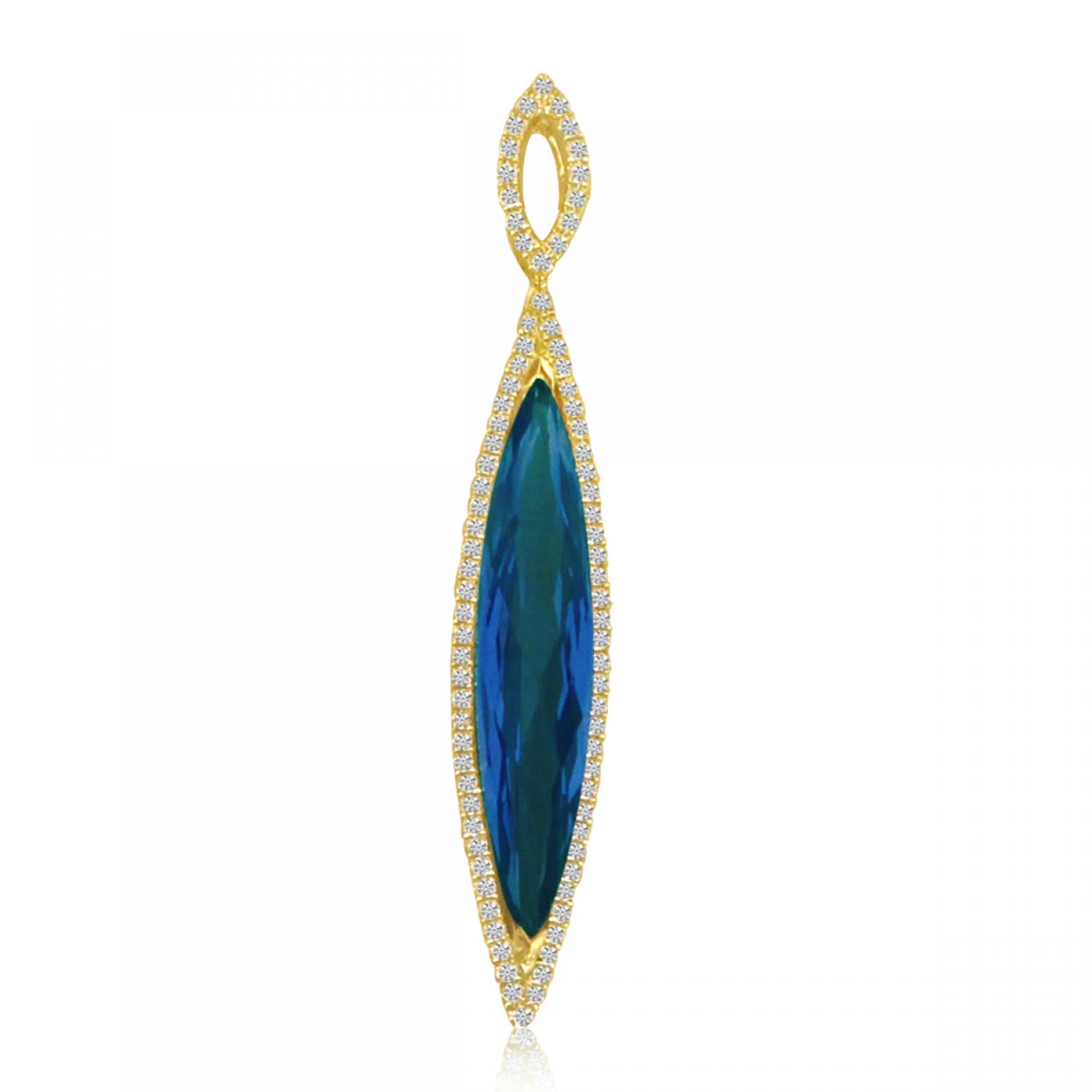 14K Yellow Gold Elongated Marquise London Blue Topaz and Diamond Halo Pendant