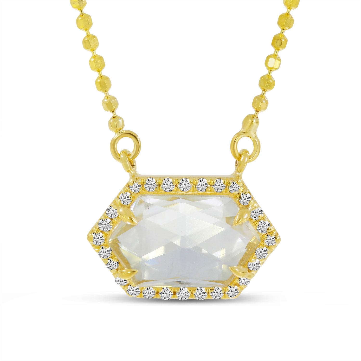 14K Yellow Gold White Topaz and Diamond Hexagon Necklace