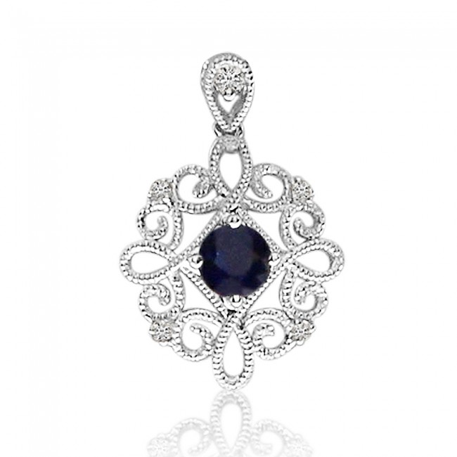 14K White Gold Sapphire and Diamond Precious Beaded Filigree Pendant