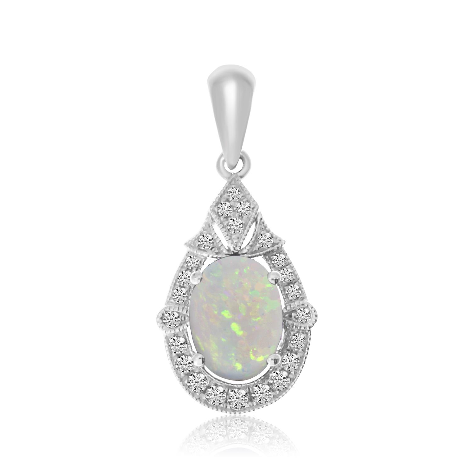 14K White Gold Oval Opal and Diamond Pendant