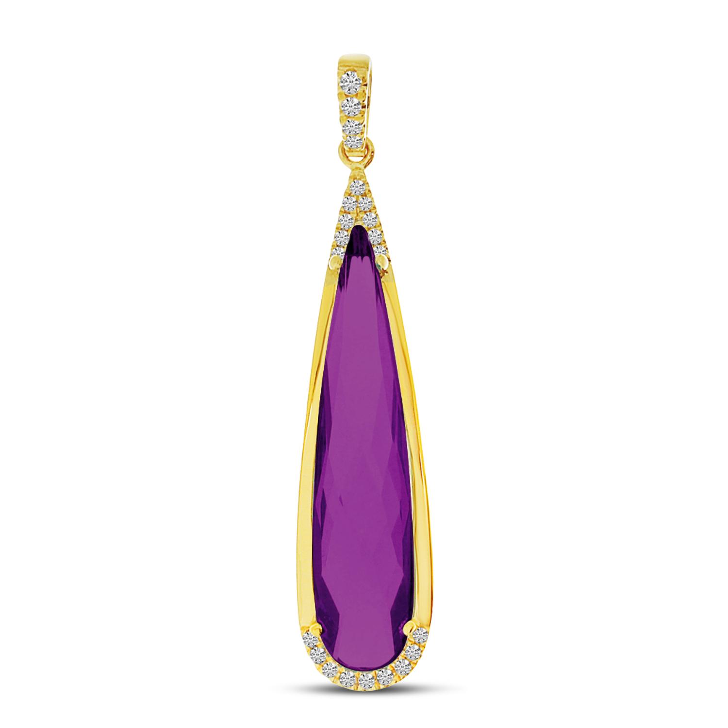 14K Yellow Gold Elongated Pear Amethyst with Diamond Semi Precious Pendant