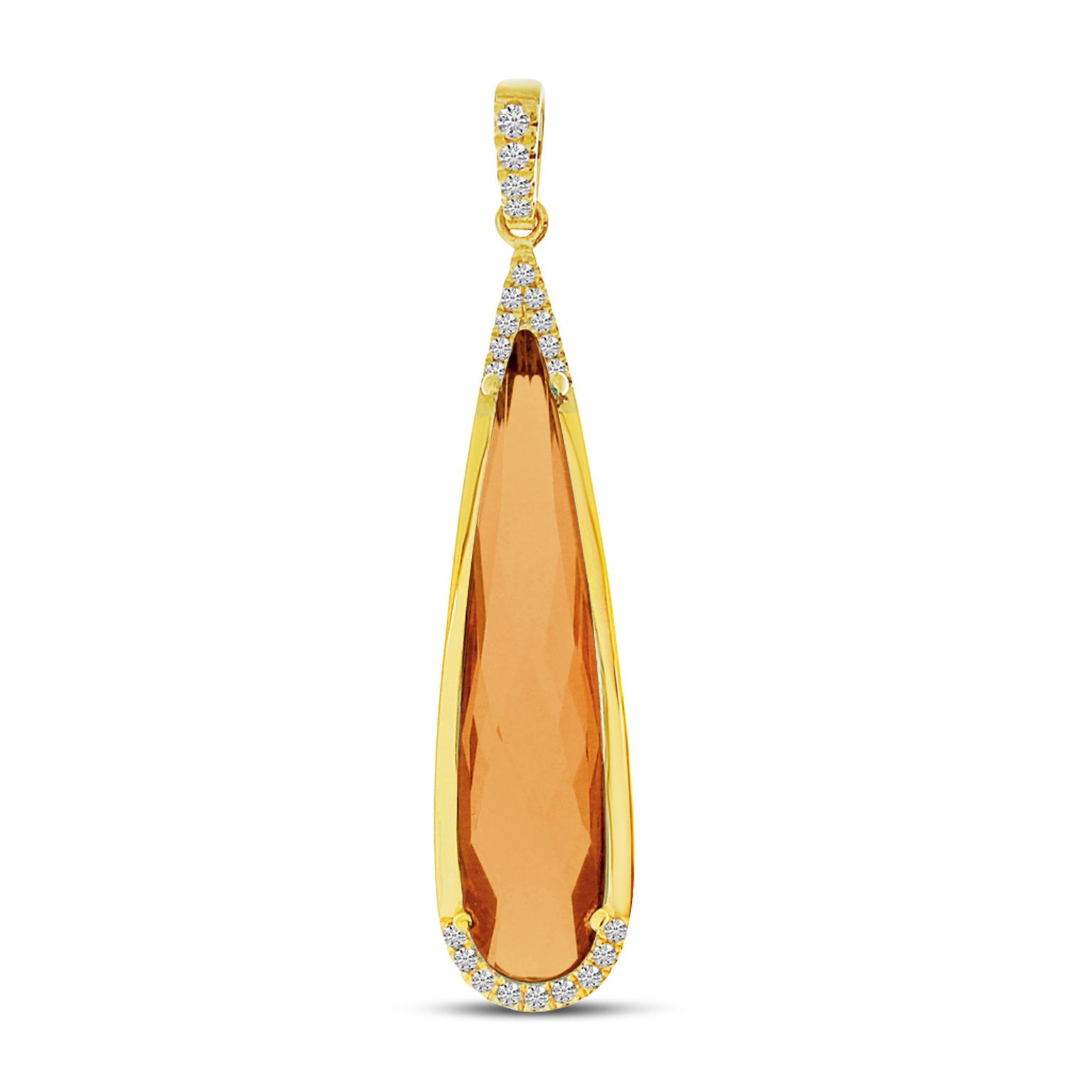 14K Yellow Gold Elongated Pear Citrine with Diamond Semi Precious Pendant