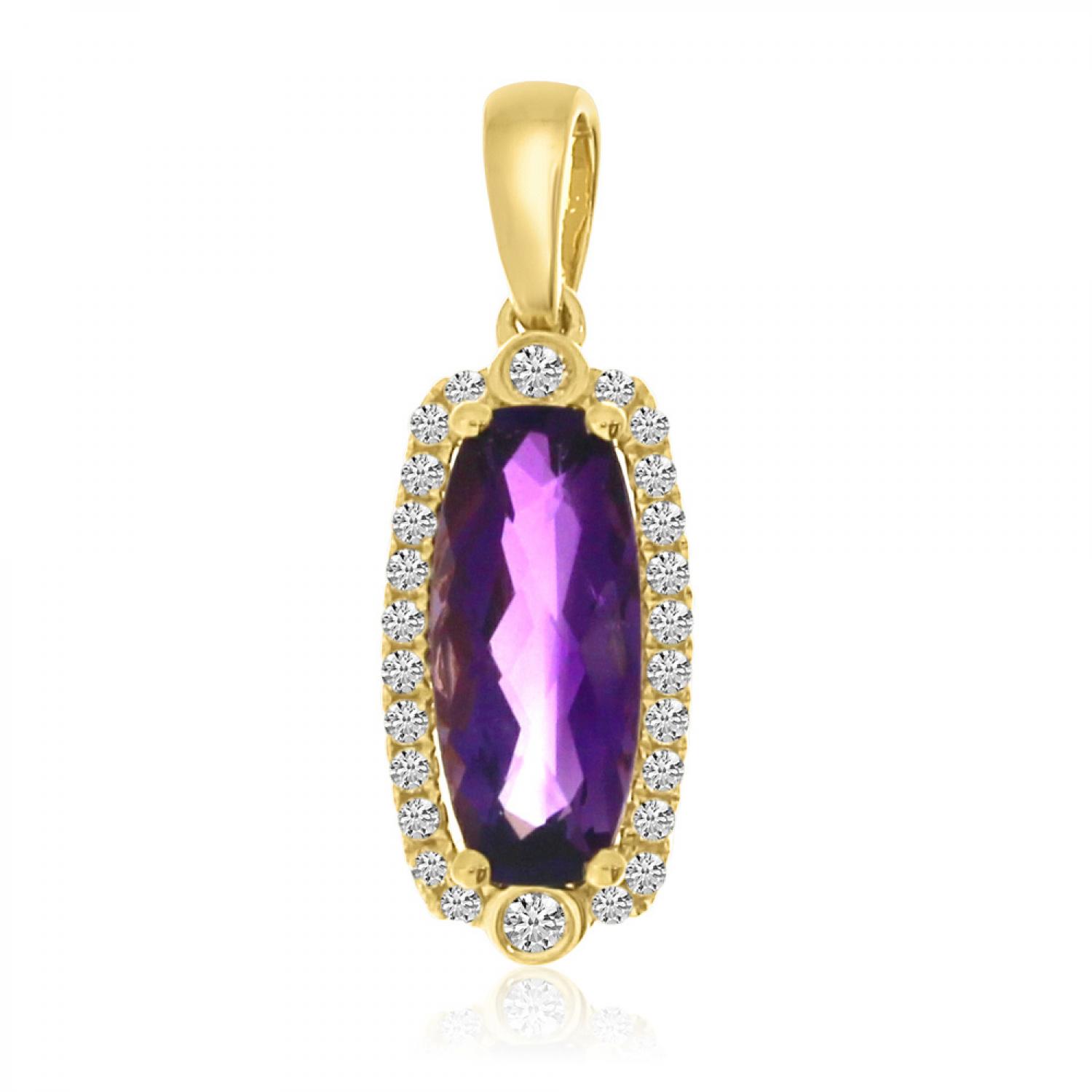 14K Yellow Gold Elongated Oval Amethyst and Diamond Pendant