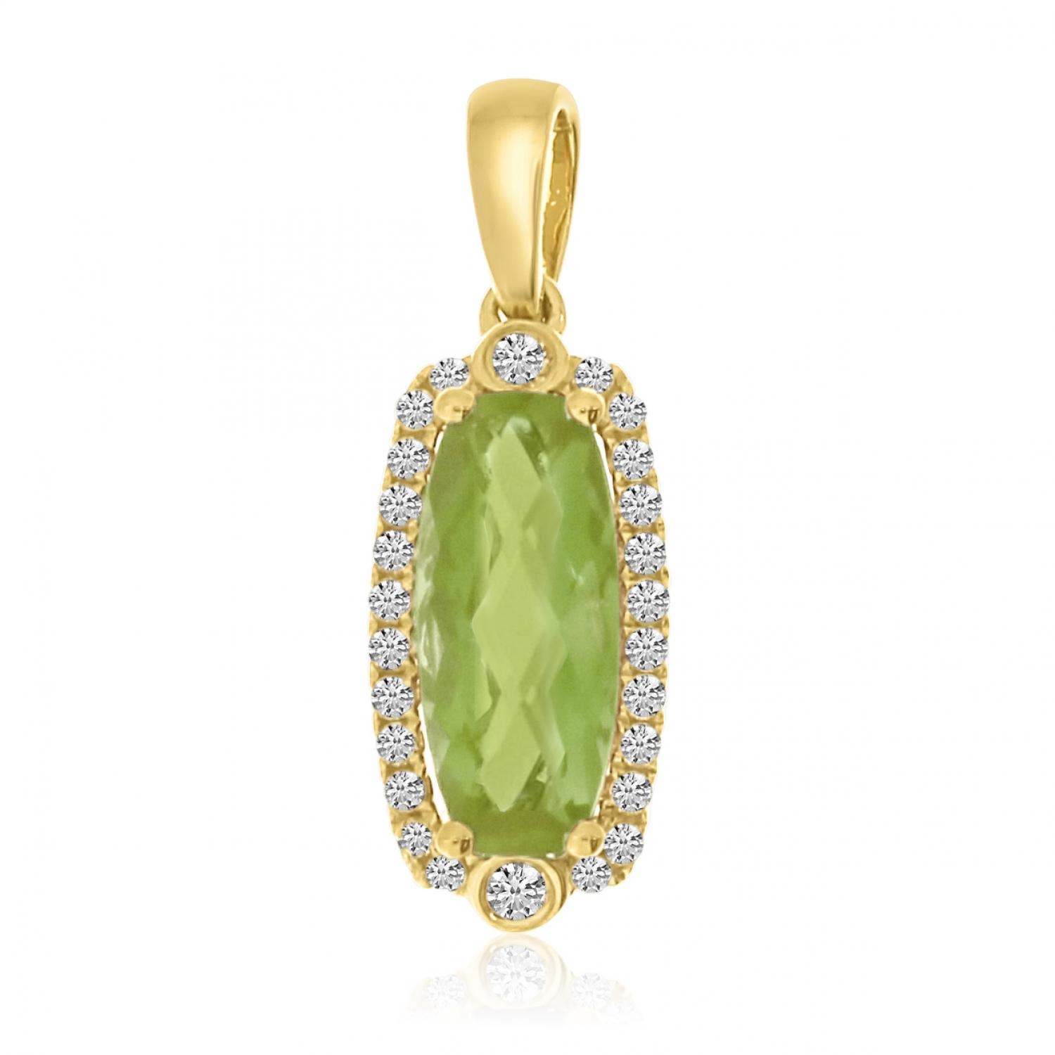 14K Yellow Gold Elongated Oval Peridot and Diamond Pendant