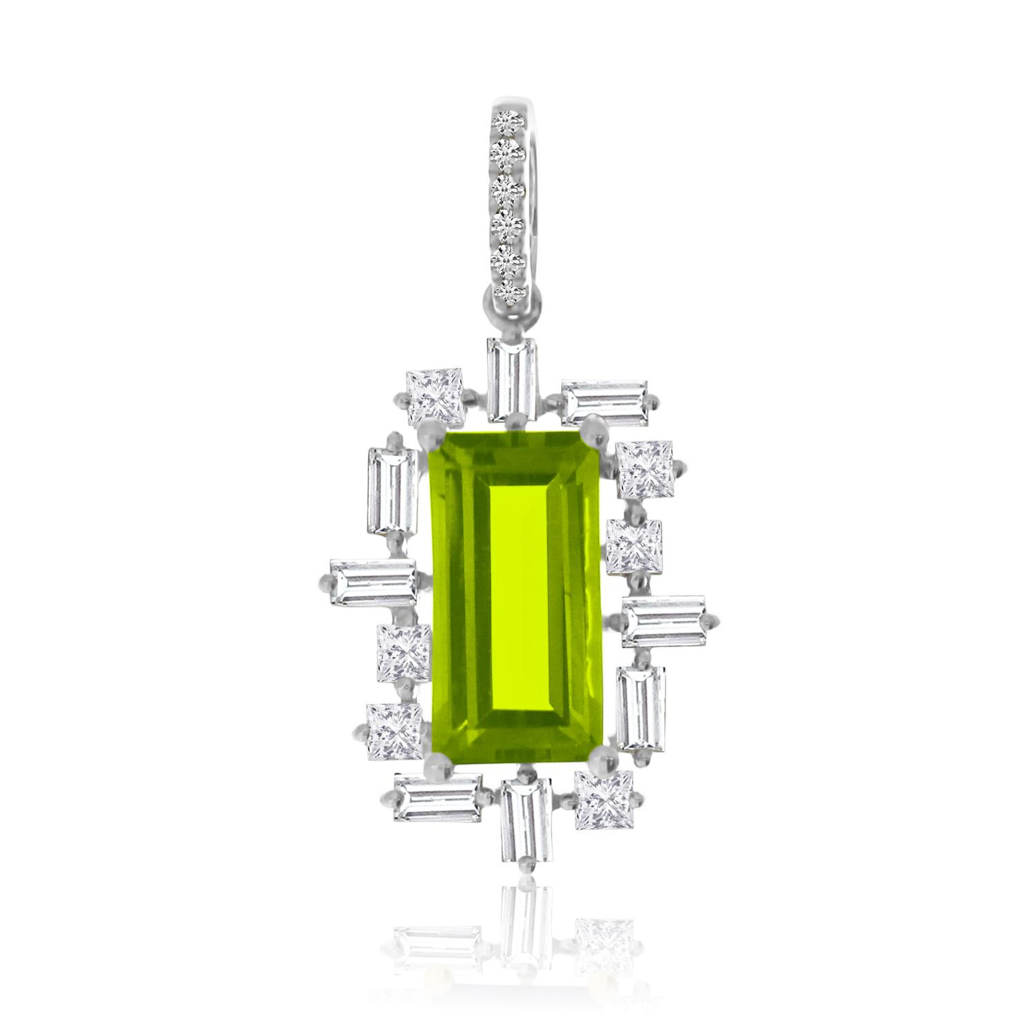 14K White Gold Peridot  Emerald Cut and Baguette Diamond Pendant