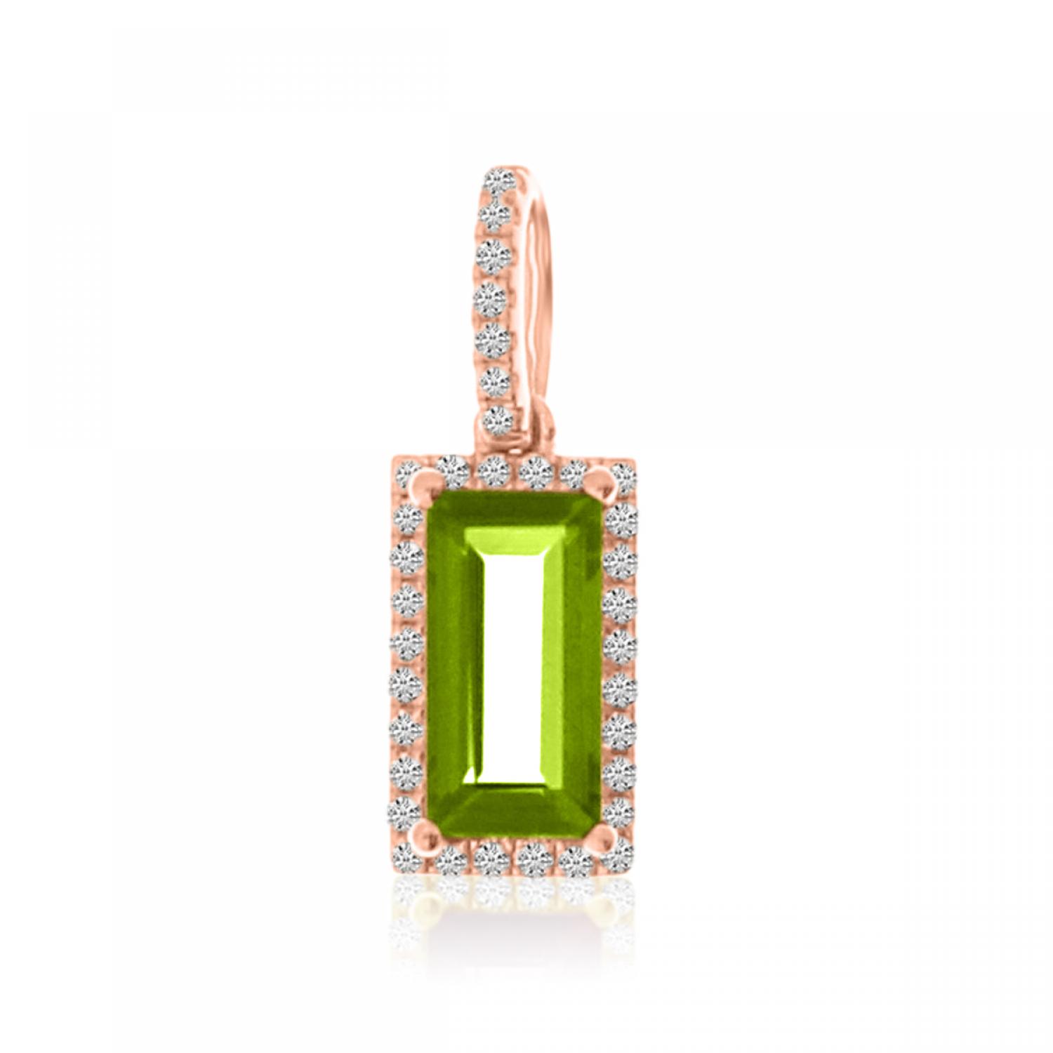 14K Rose Gold Emerald Cut Peridot and Diamond Halo Pendant