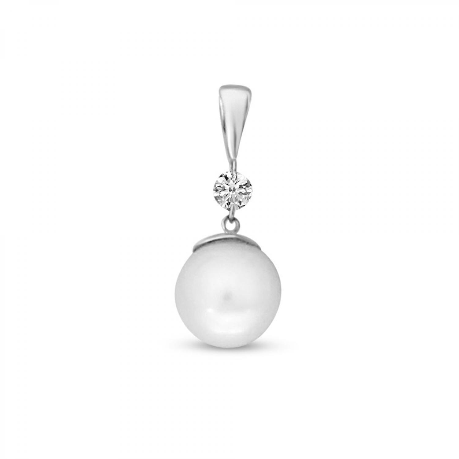 14K White Gold Pearl and Dashing  Diamond Pendant