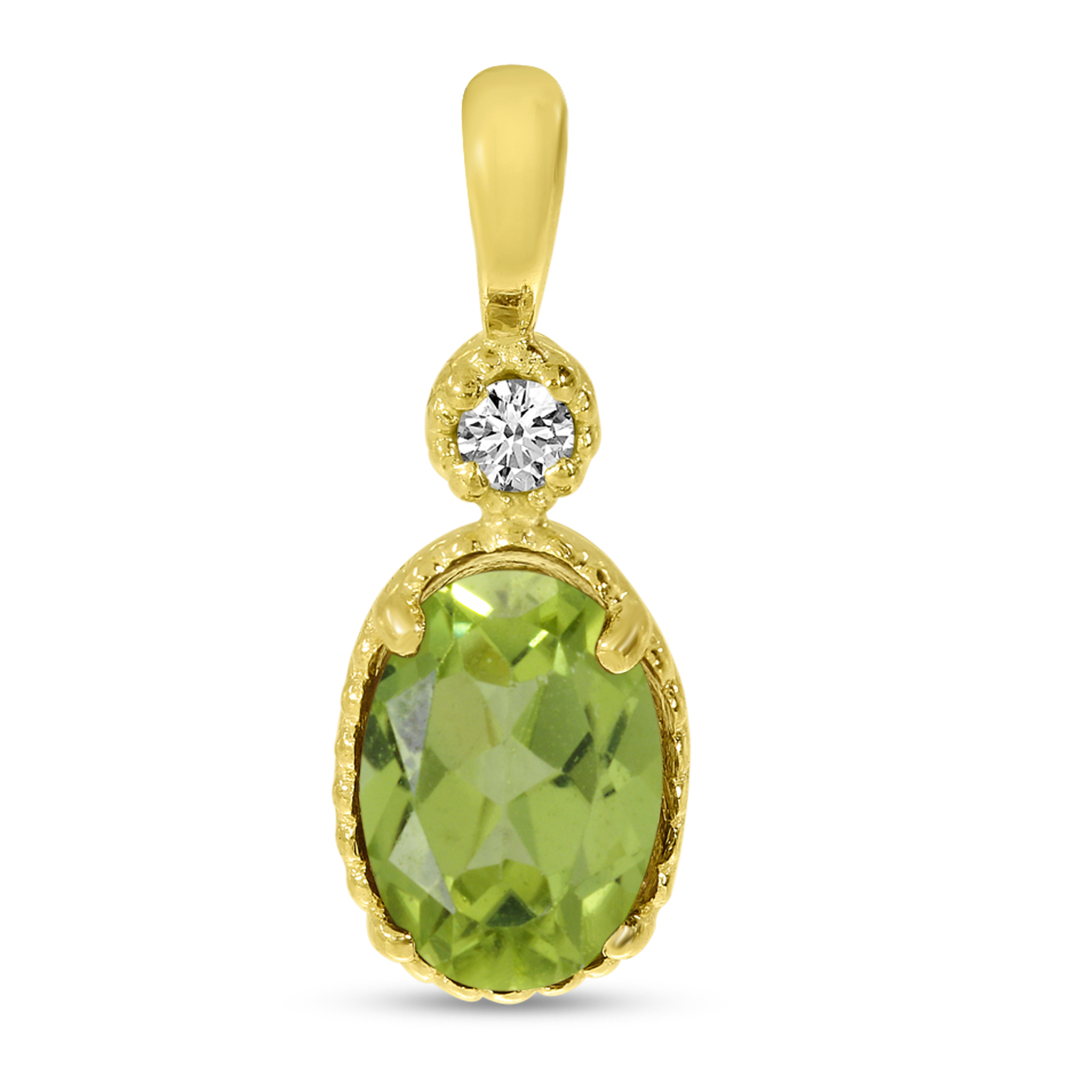 14K Yellow Gold Oval Peridot Millgrain Birthstone Pendant