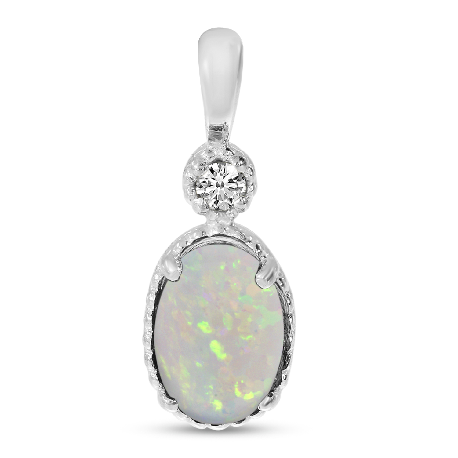 14K White Gold Oval Opal Millgrain Birthstone Pendant