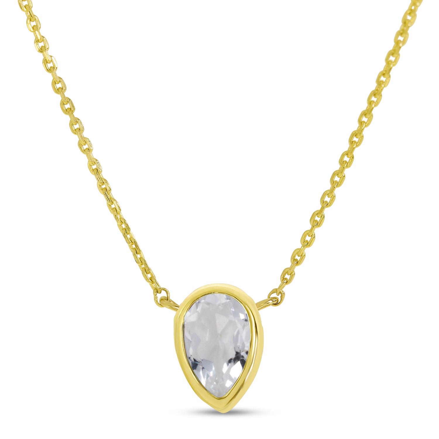 14K Yellow Gold Pear White Topaz Birthstone Necklace