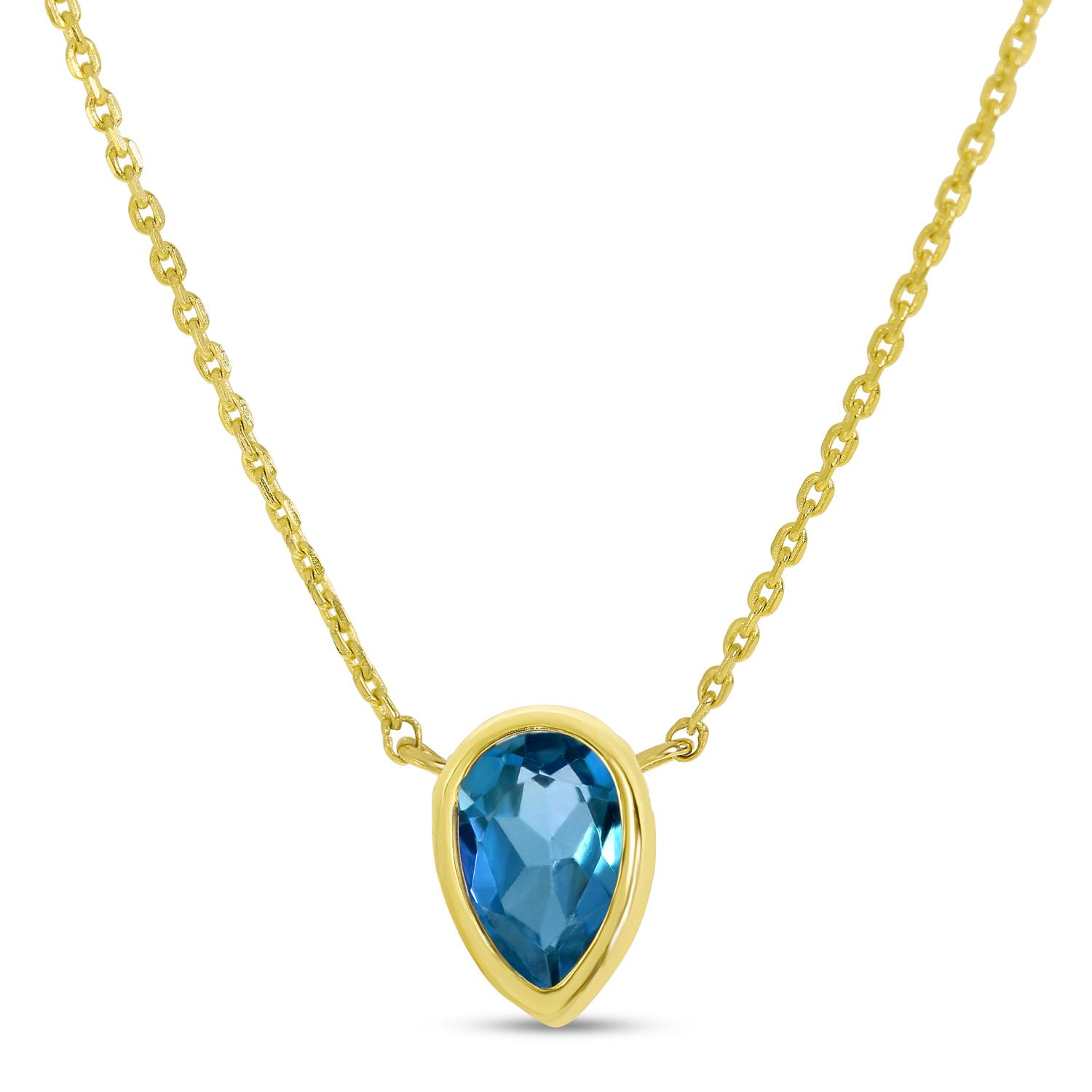 14K Yellow Gold Pear Blue Topaz Birthstone Necklace