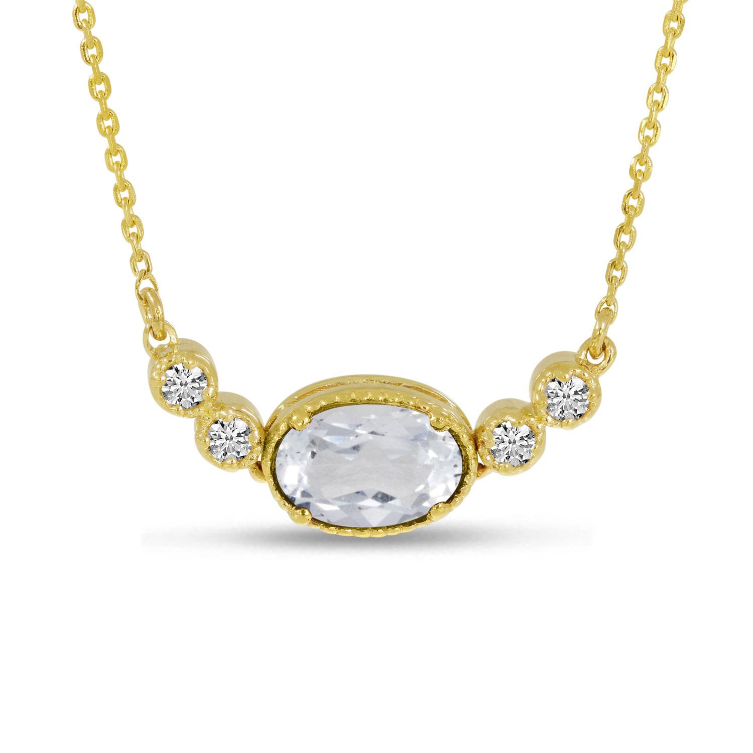 14K Yellow Gold Oval White Topaz  Birthstone Millgrain Necklace