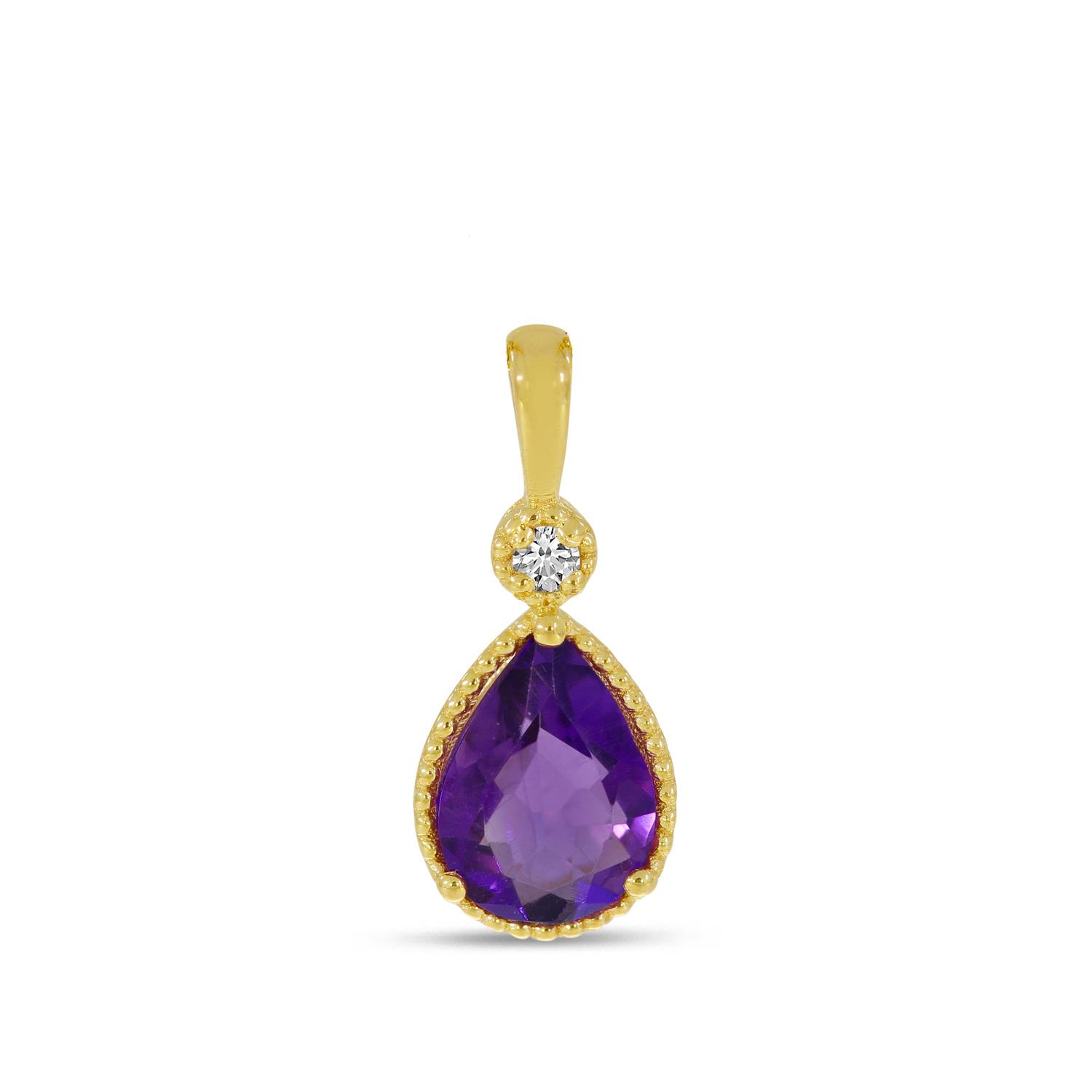 14K Yellow Gold Pear Amethyst With Diamond Millgrain Birthstone Pendant