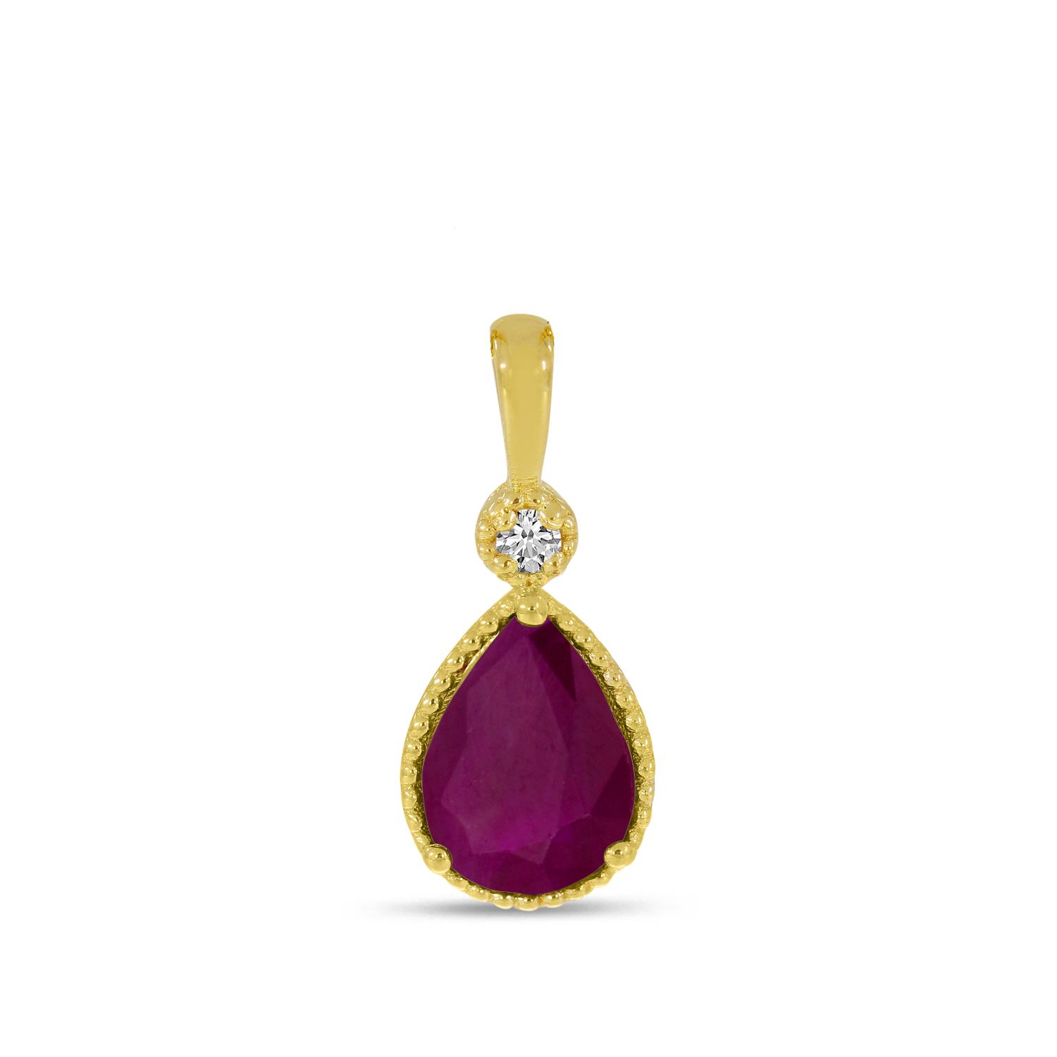 14K Yellow Gold Pear Ruby With Diamond Millgrain Birthstone Pendant