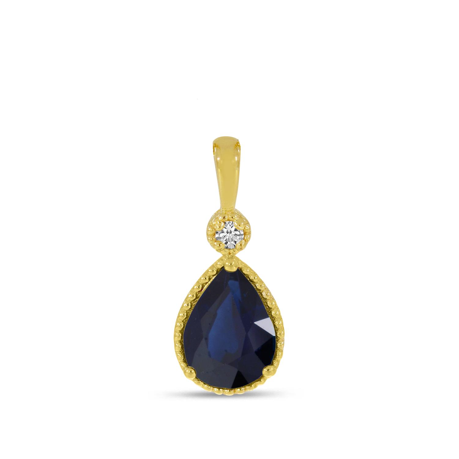 14K Yellow Gold Pear Sapphire With Diamond Millgrain Birthstone Pendant