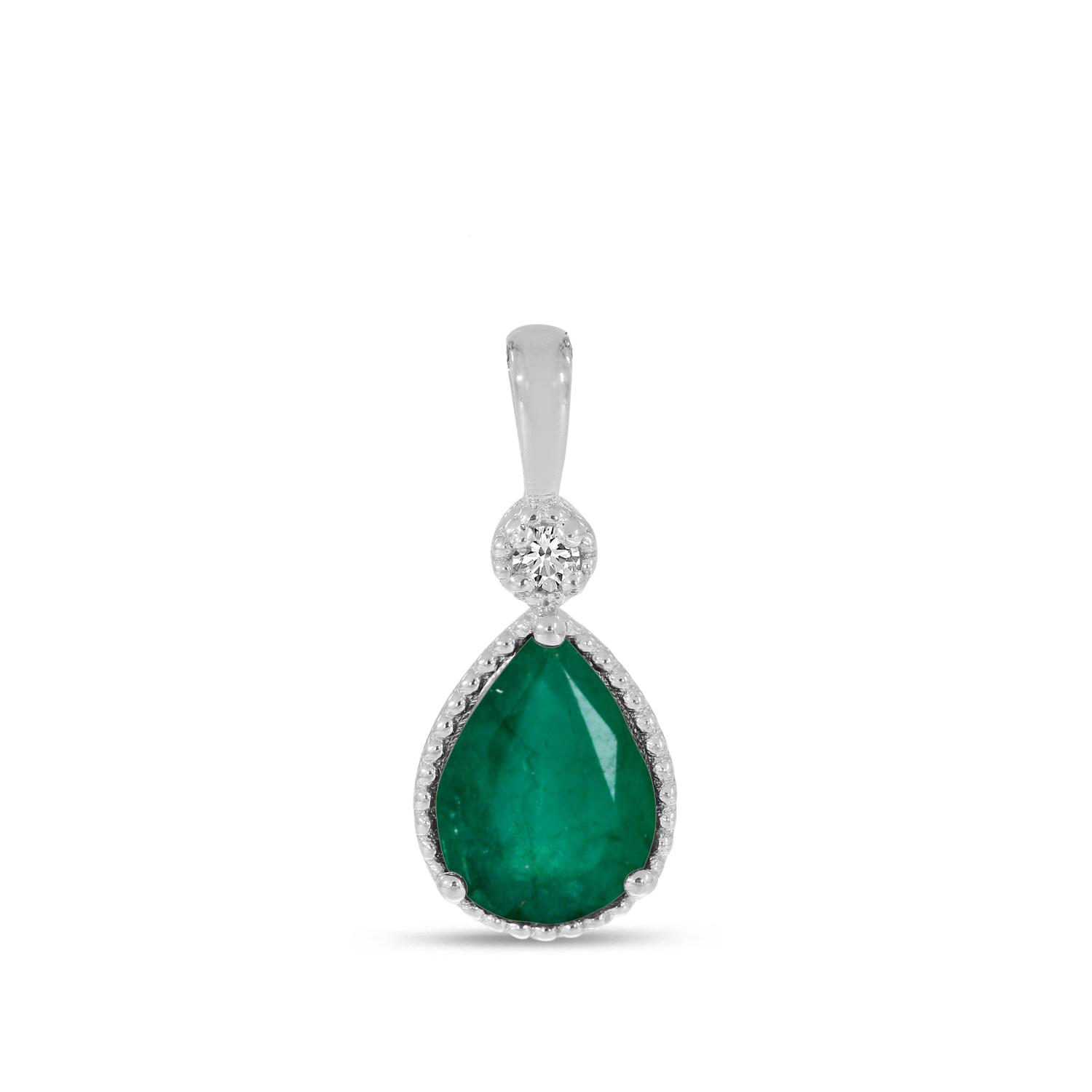 14K White Gold Pear Emerald With Diamond Millgrain Birthstone Pendant