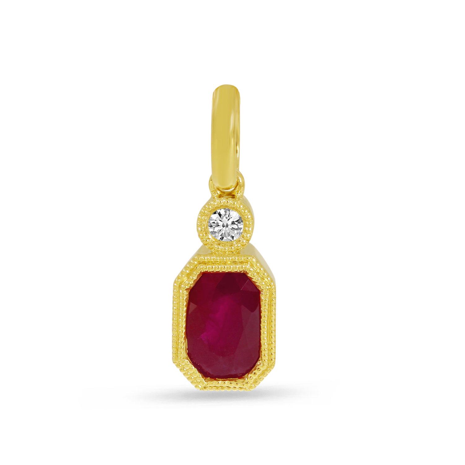 14K Yellow Gold Ruby and Diamond Hexagon Millgrain Pendant