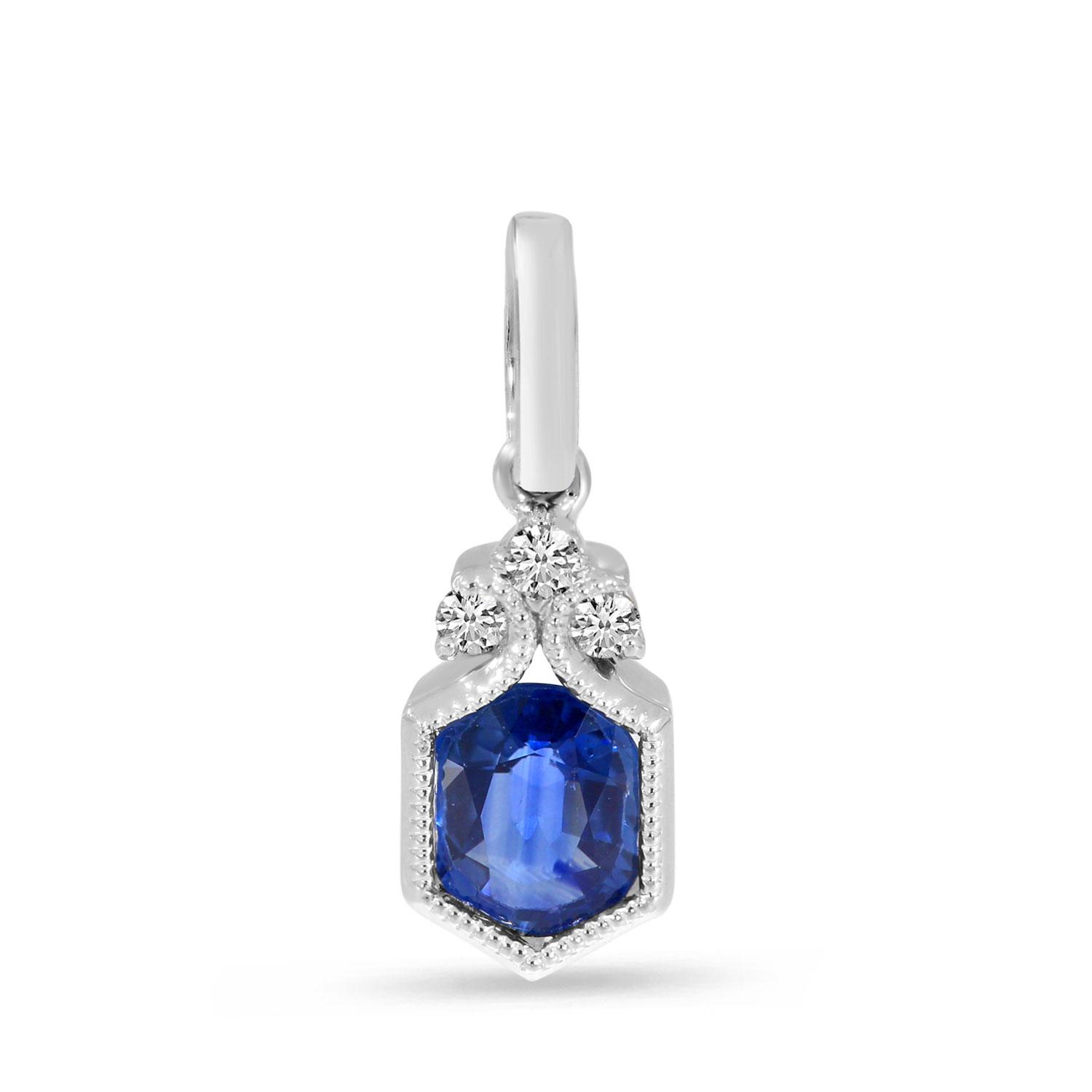 14K White Gold Sapphire and Diamond Hexagon Millgrain Pendant