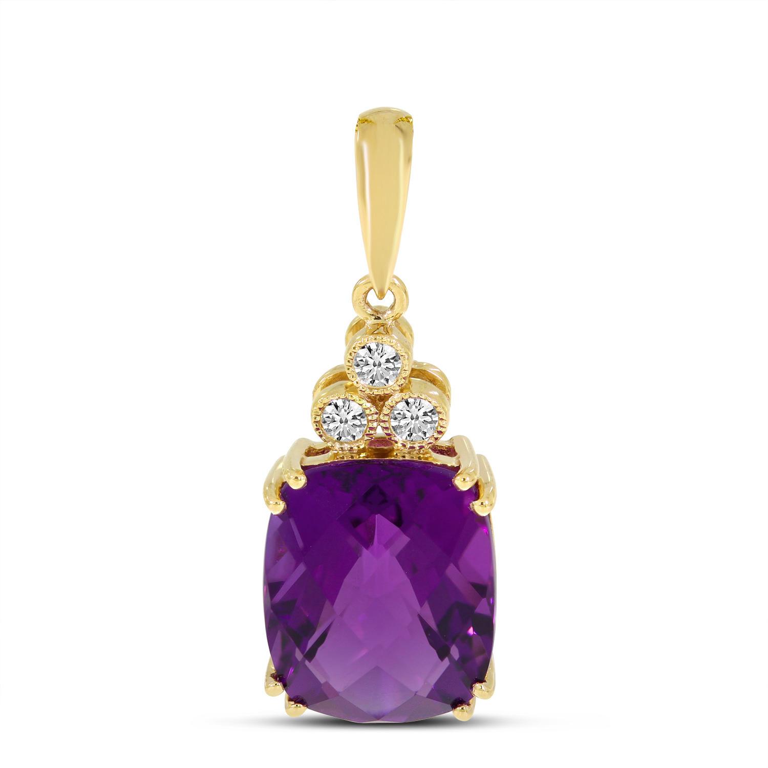 14K Yellow Gold Cushion Amethyst and Diamond Pendant