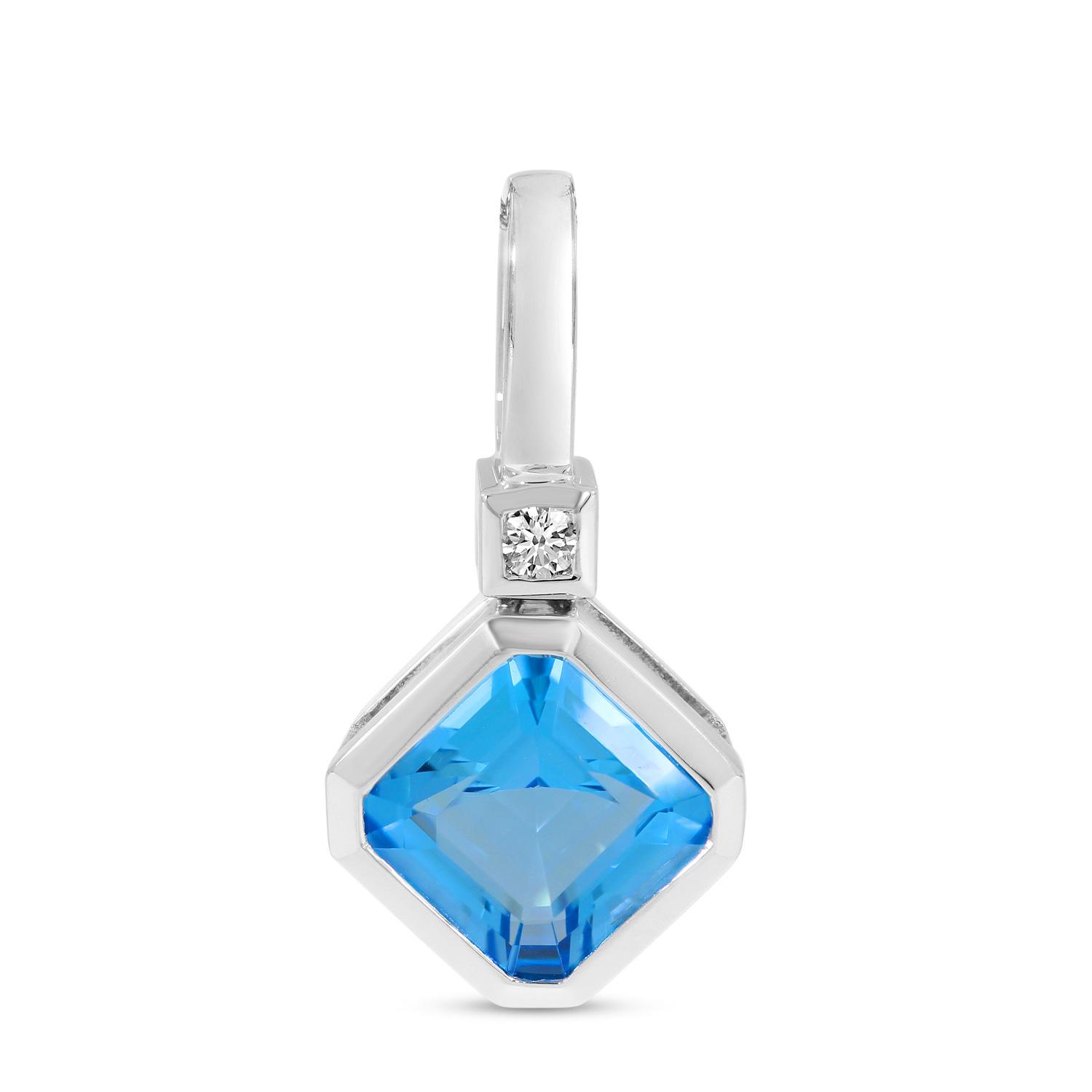 14K White Gold Blue Topaz Octagon & Diamond Pendant