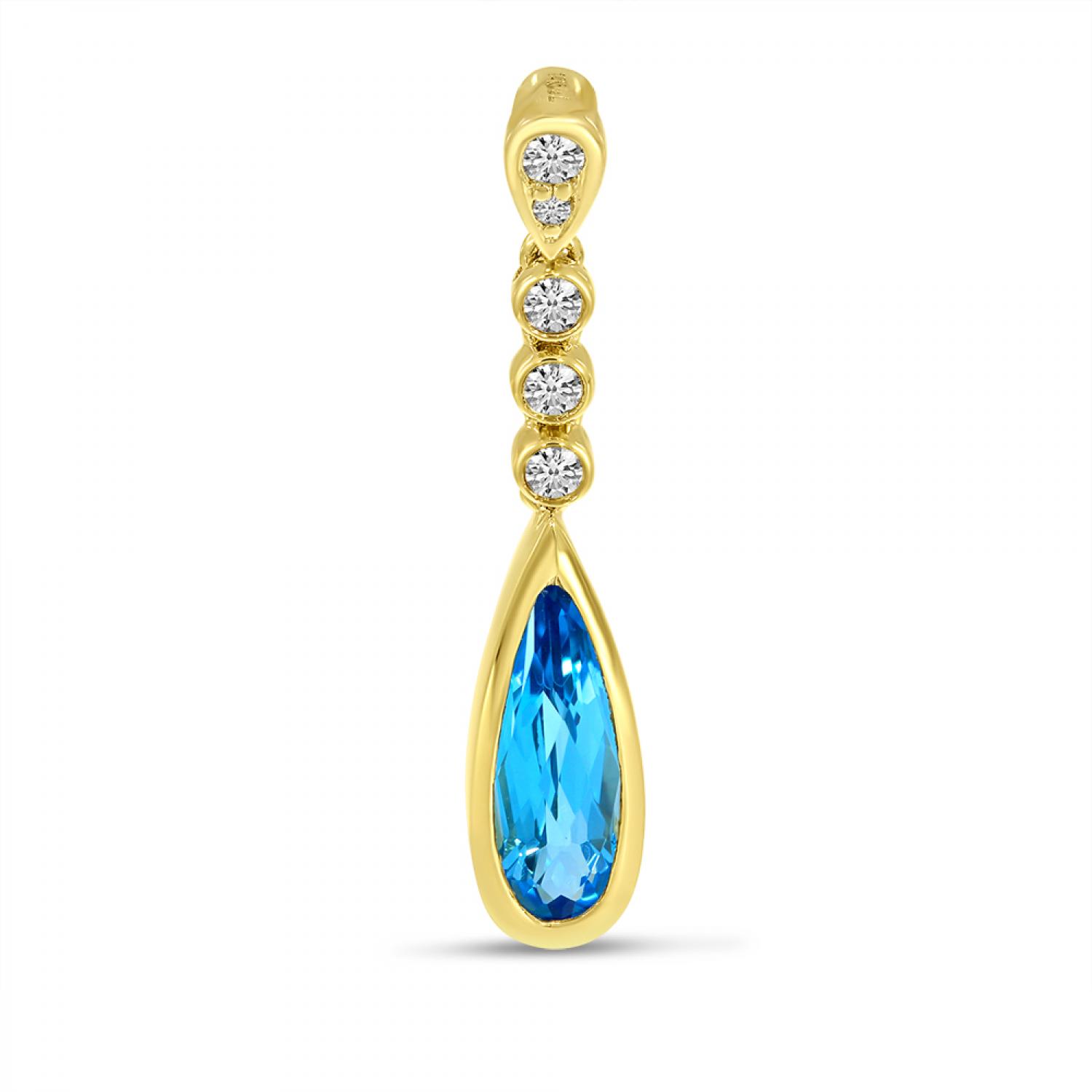 14K Yellow Gold Pear Blue Topaz and Diamond Teardrop Pendant