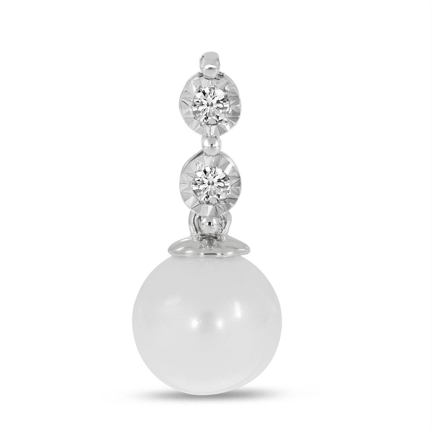 14K White Gold Pearl and Two Diamond Pendant