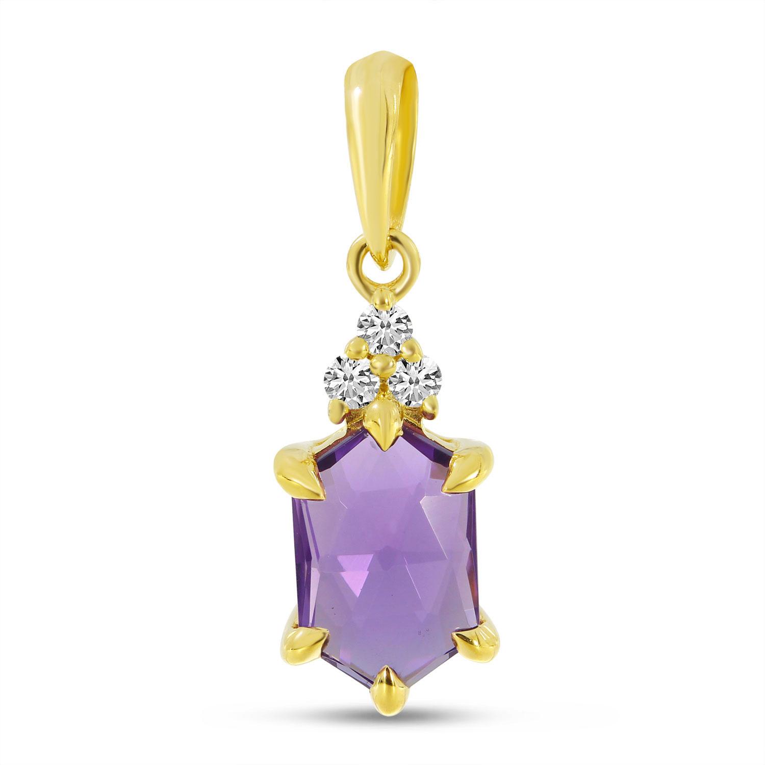 14K Yellow Gold Hexagon Amethyst and Diamond Pendant