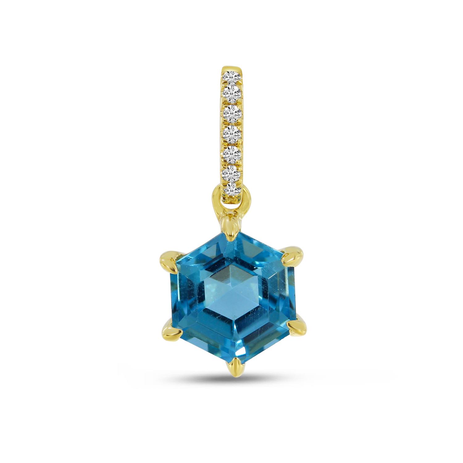 14K Yellow Gold Hexagon Blue Topaz and Diamond Pendant