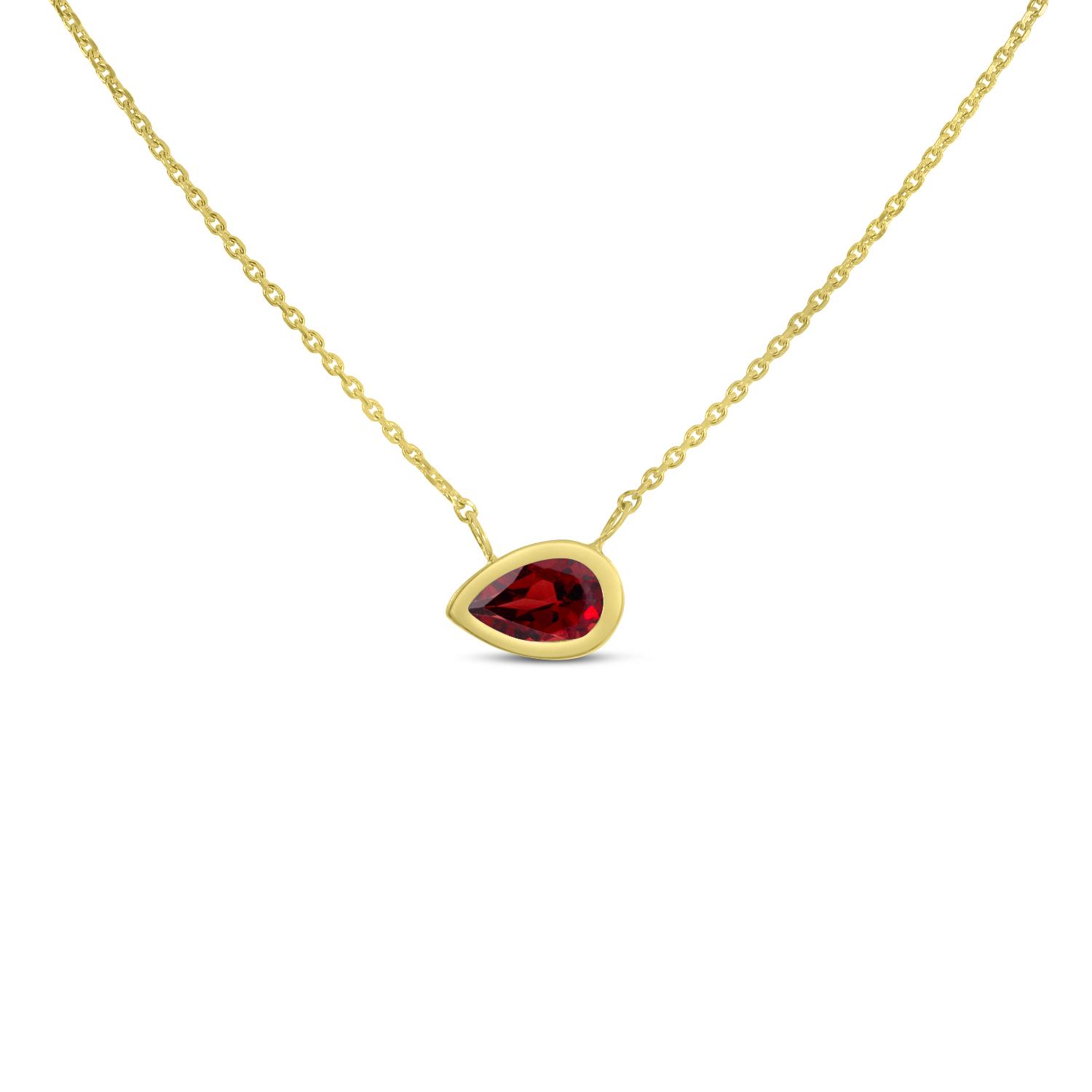 14K Yellow Gold Pear Garnet East to West Birthstone Necklace