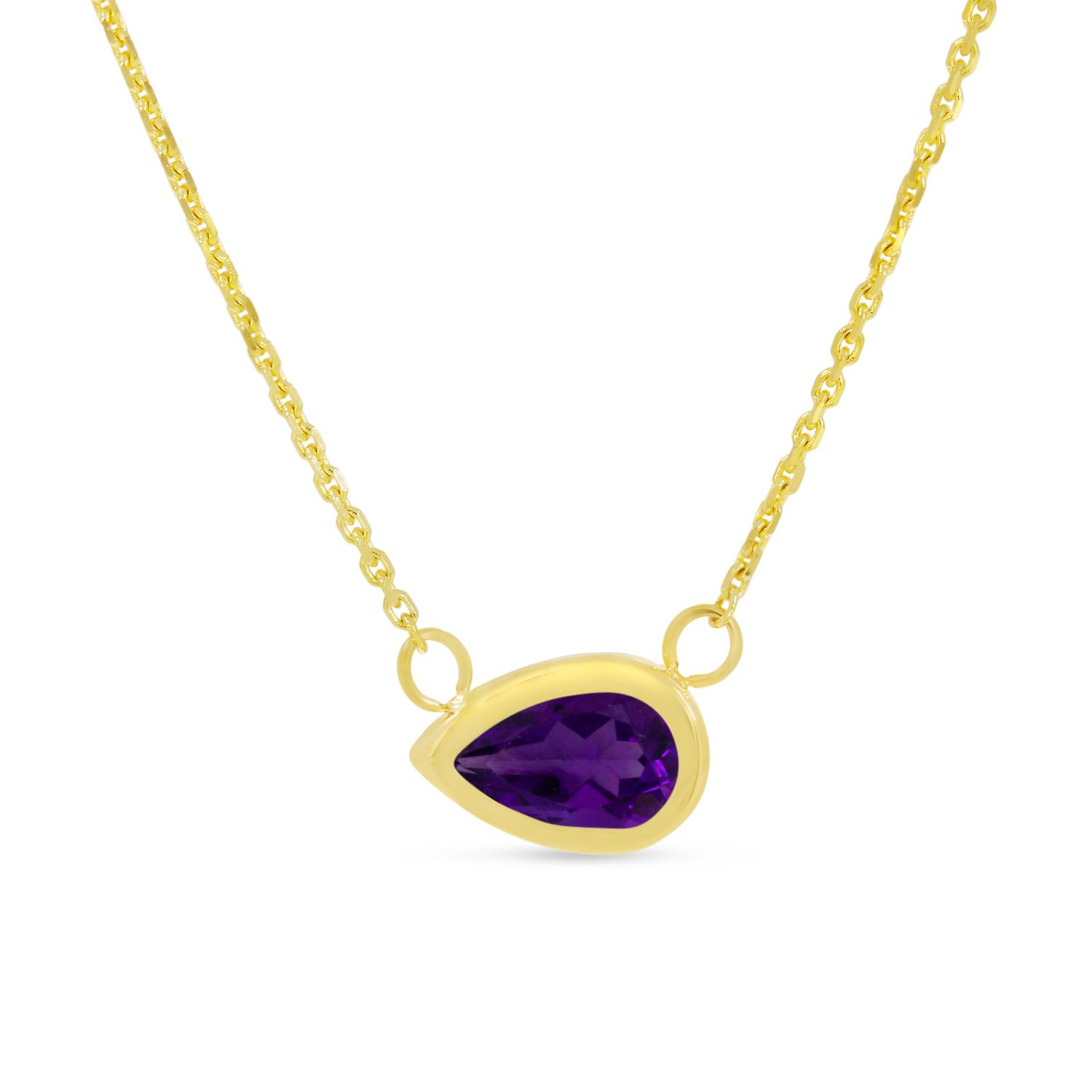 14K Yellow Gold Pear Amethyst East to West Birthstone Necklace