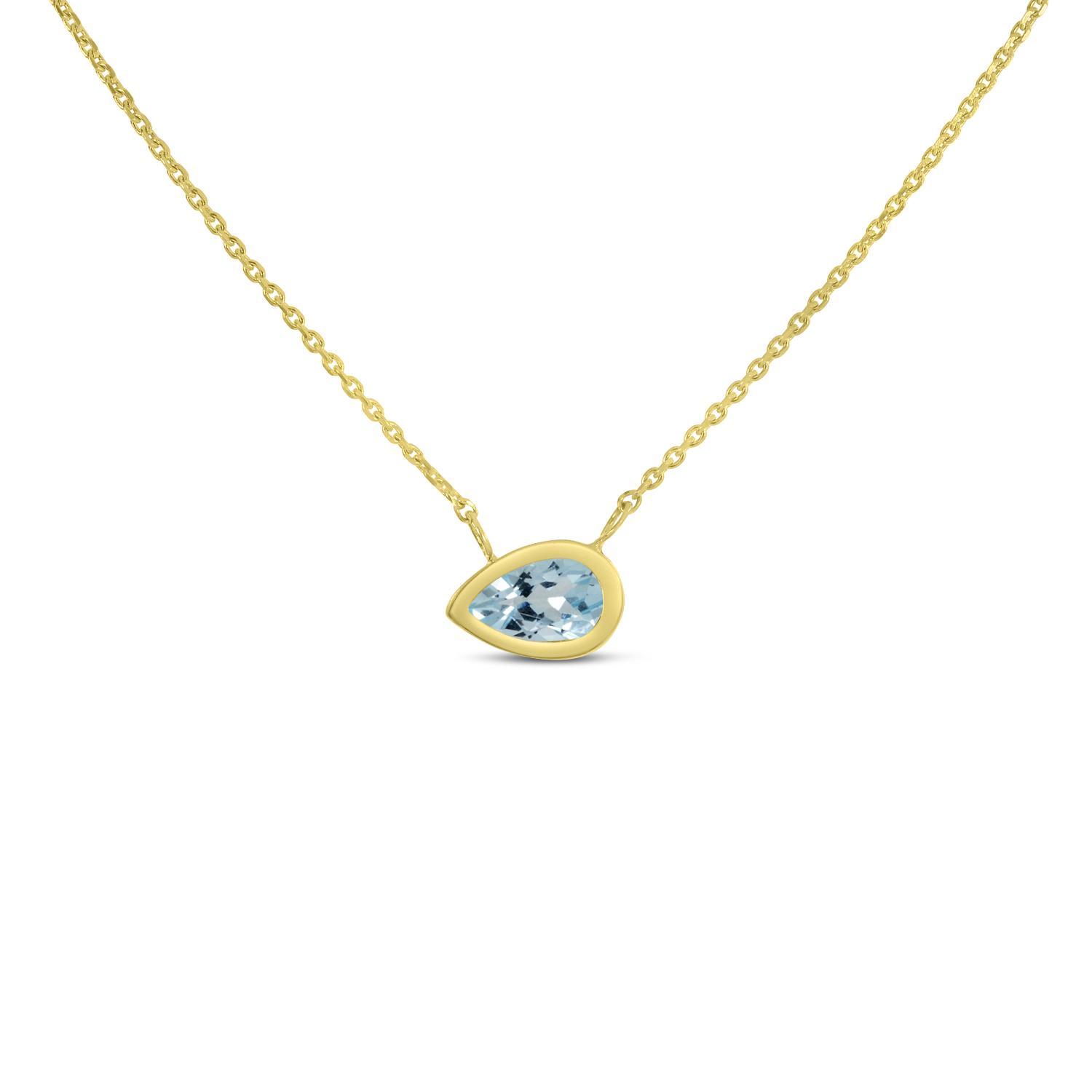 14K Yellow Gold Pear Aquamarine East to West Birthstone Necklace