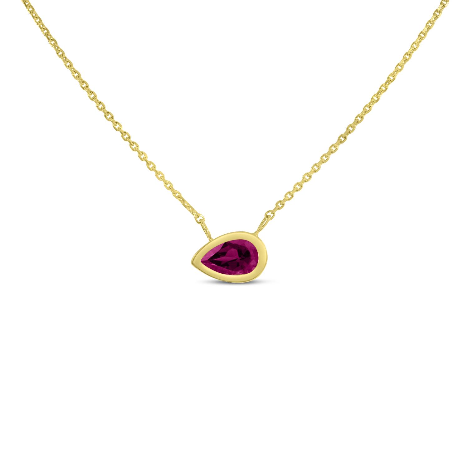 14K Yellow Gold Pear Rhodalite Garnet East to West Birthstone Necklace