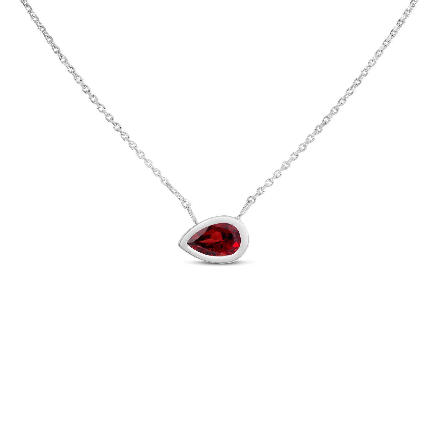 14K White Gold Pear Garnet East to West Birthstone Necklace