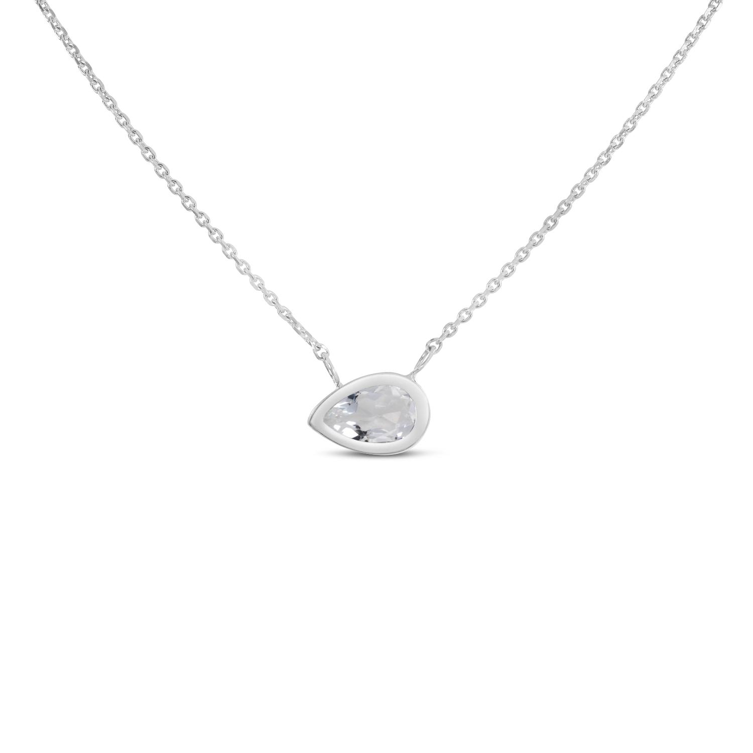 14K White Gold Pear White Topaz East to West Birthstone Necklace