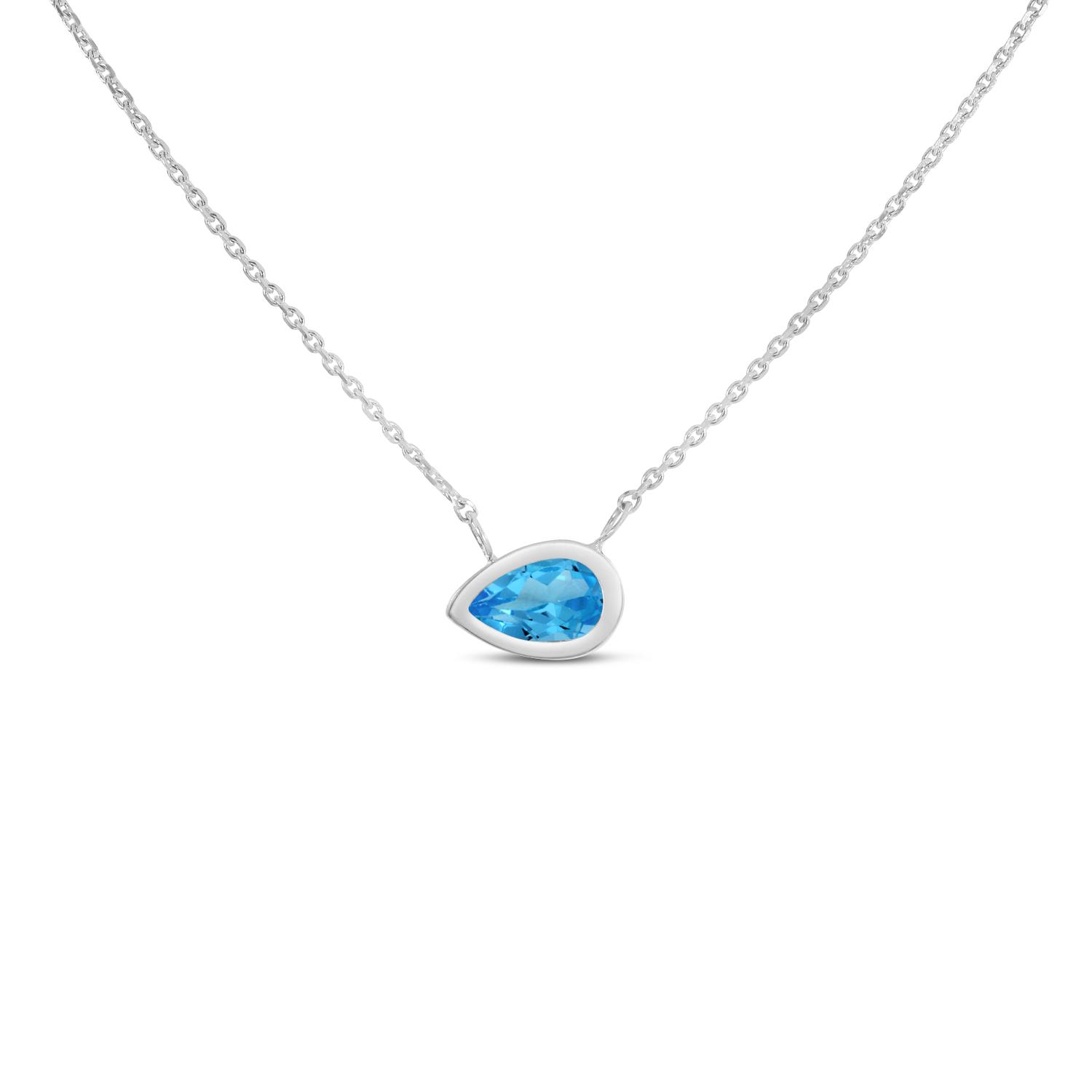 14K White Gold Pear Blue Topaz East to West Birthstone Necklace