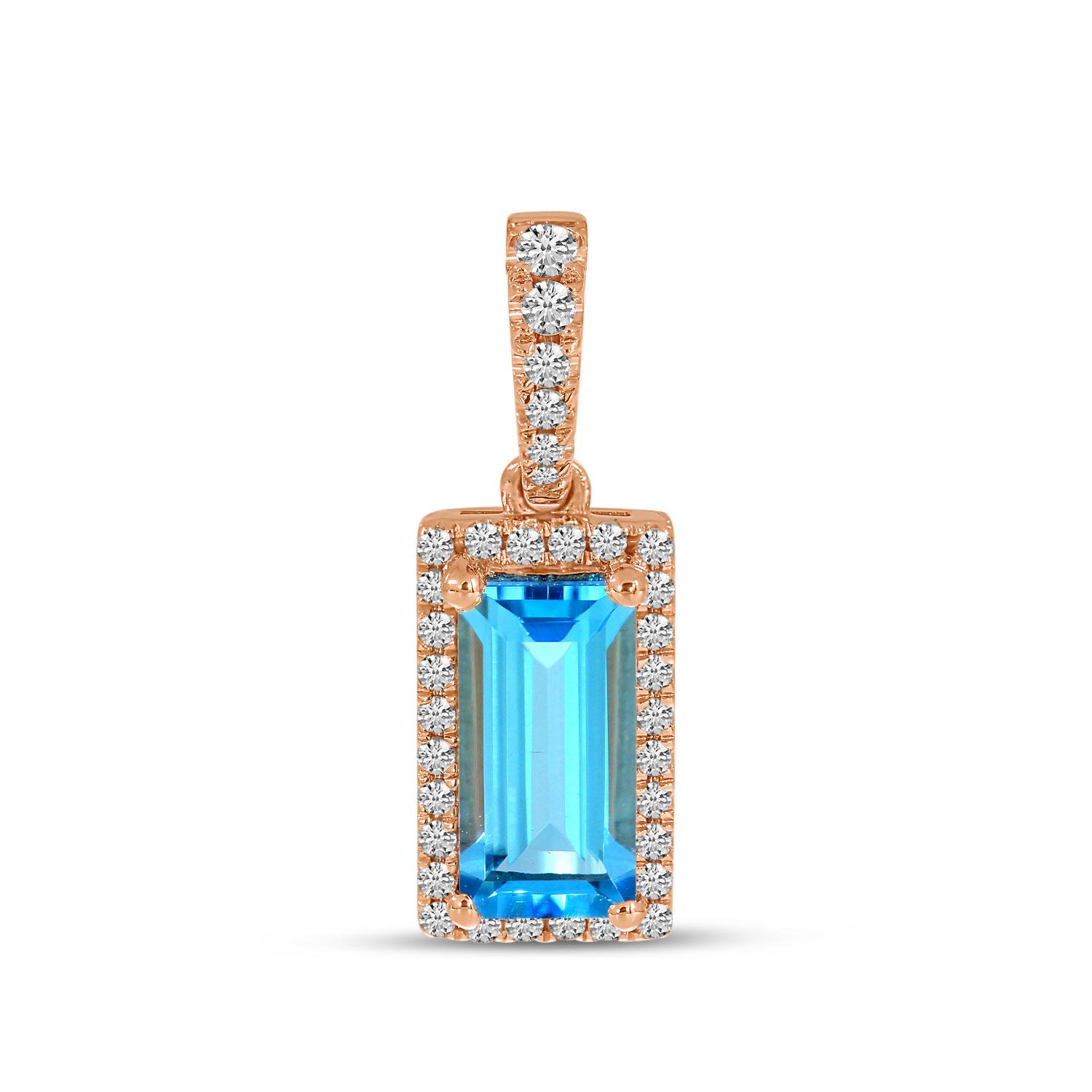 14K Rose Gold Emerald Cut Blue Topaz and Diamond Pendant