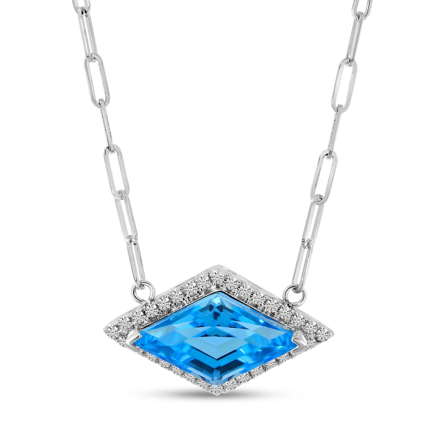 14K White Gold Triangle Blue Topaz and Diamond 18 inch Paperclip Necklace