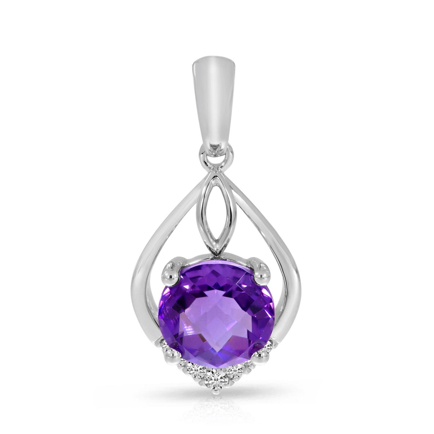 14K White Gold Round Amethyst and Diamond Pear Shape Pendant