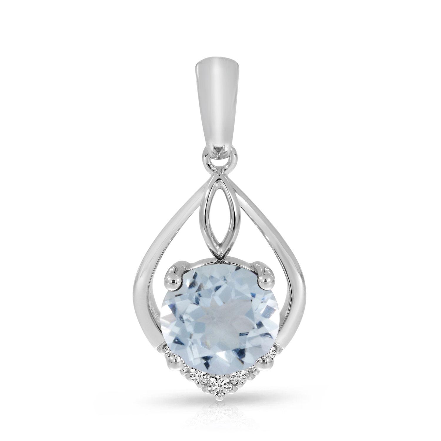 14K White Gold Round Aquamarine and Diamond Pendant