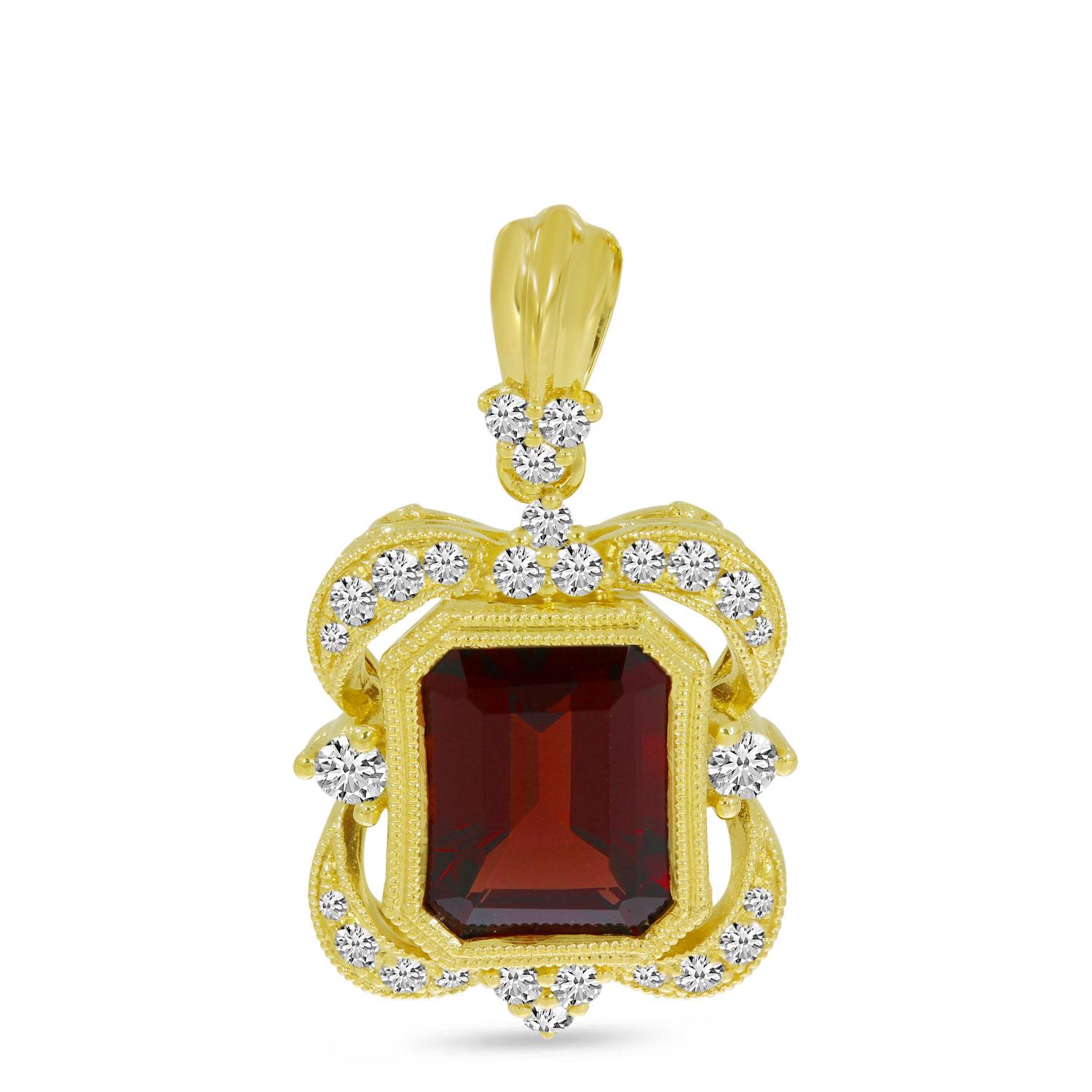 14K Yellow Gold Emerald Cut Garnet and Diamond Millgrain Pendant