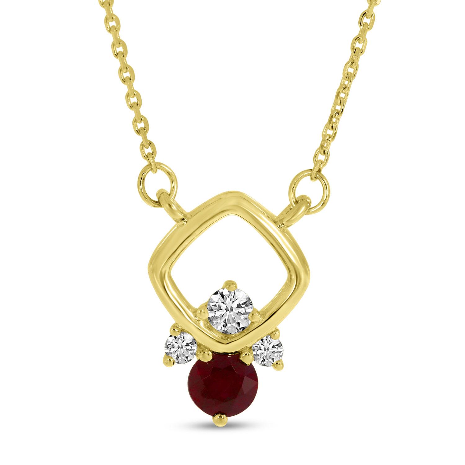 14K Yellow Gold Round Ruby and Diamond Open Cushion 18 inch Necklace