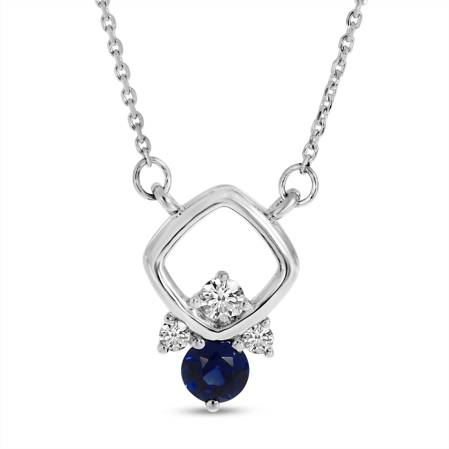 14K White Gold Round Sapphire and Diamond Open Cushion 18 inch Necklace